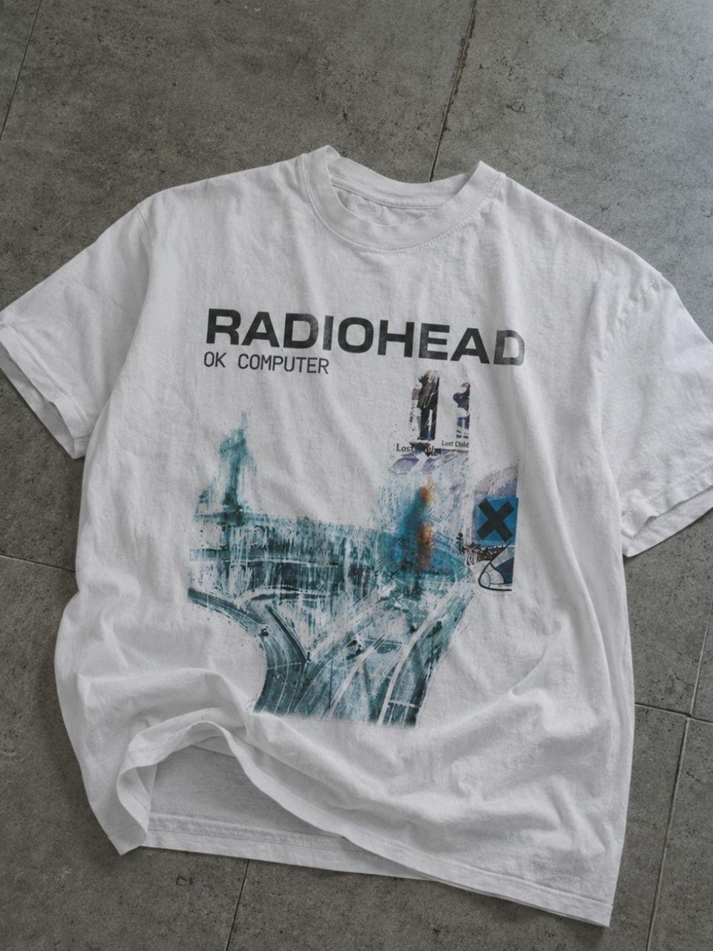 Gildan White Radiohead OK Computer Graphic Tee with Teal Print